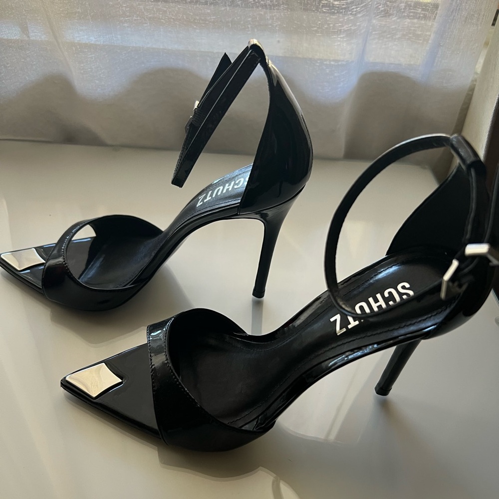 SCHUTZ Black Patent Leather Heels with Silver Accents